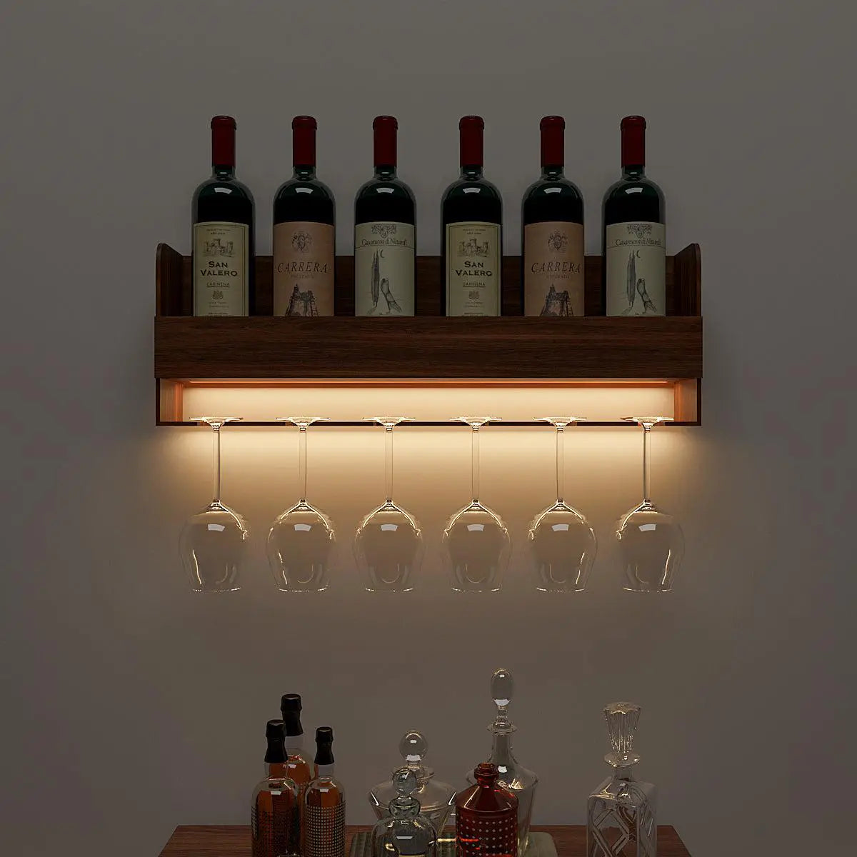 Backlit MDF Bar Wall Shelf-cum-Mini Bar Cabinet in Walnut Finish