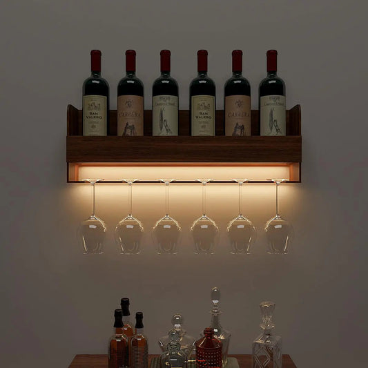 Backlit MDF Bar Wall Shelf-cum-Mini Bar Cabinet in Walnut Finish