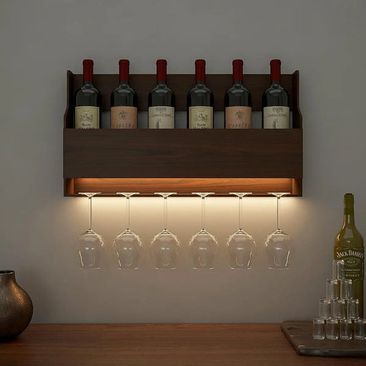 Spacious Backlit MDF Bar Wall Shelf / Mini Bar Cabinet in Walnut Finish