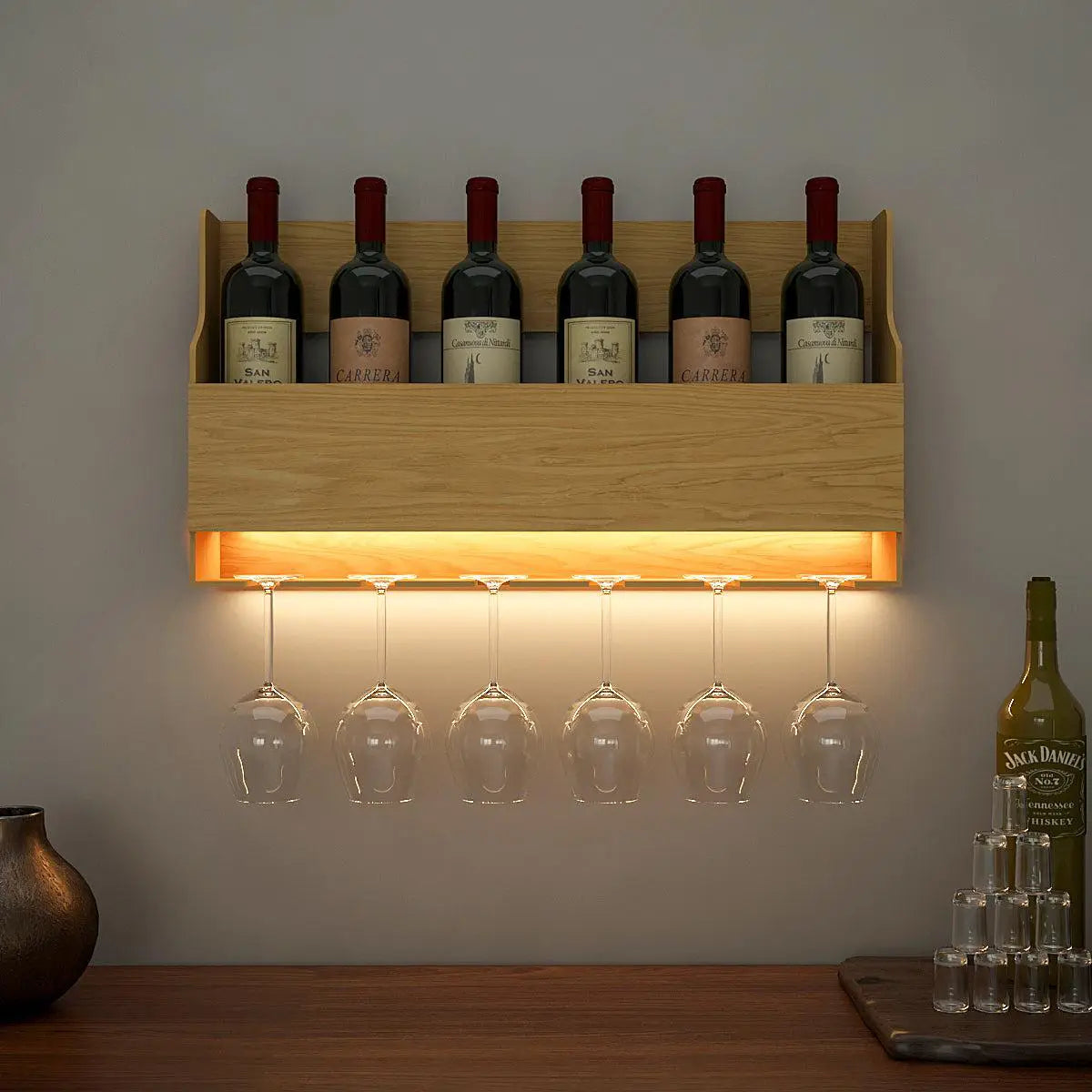 Simplistic Backlit MDF Wall Mounted Bar Shelf / Mini Bar Cabinet in Light Oak Finish