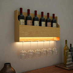 Premium Backlit MDF Bar Wall Shelf-cum-Mini Bar Cabinet in Light Oak Finish