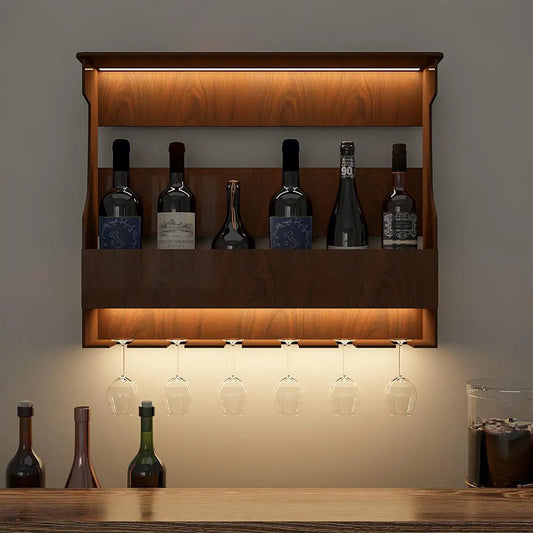 Backlit MDF Bar Wall Shelf / Mini Bar Cabinet in Walnut Finish
