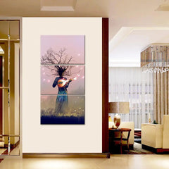 Tree Playing Magical Music Wall Painting Wooden Framed 3 Pieces Canvas Painting