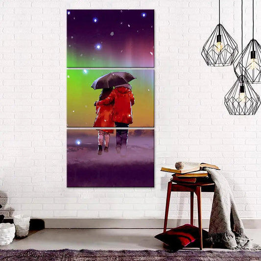 Couple Under Umbrella in Rainy Day Wall Painting Wooden Framed 3 Pieces Canvas Painting