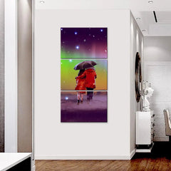 Couple Under Umbrella in Rainy Day Wall Painting Wooden Framed 3 Pieces Canvas Painting