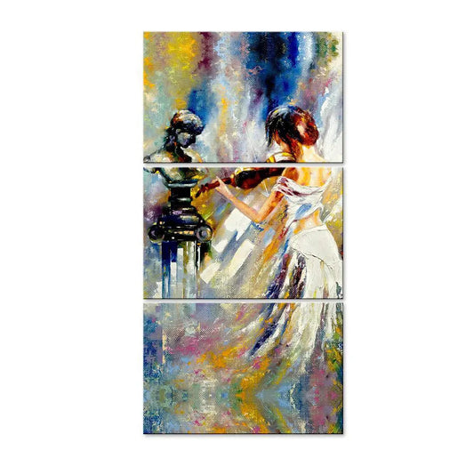 Girl Playing Violin Wall Painting Wooden Framed 3 Pieces Canvas Painting