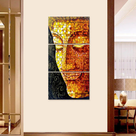 Buddha Face Glass Texture Wall Painting Wooden Framed 3 Pieces Canvas Painting