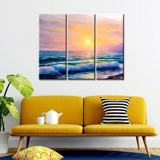 Beautiful Sea Sunset Scenery 3 Pieces Wall Painting with Wooden Framed