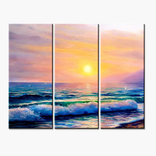 Beautiful Sea Sunset Scenery 3 Pieces Wall Painting with Wooden Framed