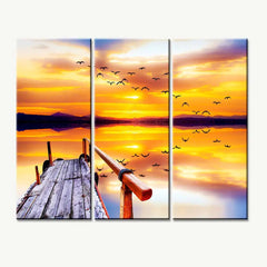 Beautiful Sunset with Birds 3 Pieces Wall Painting with Wooden Framed