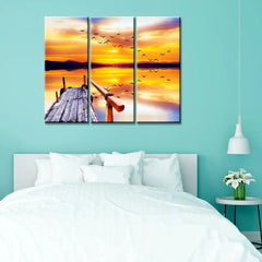 Beautiful Sunset with Birds 3 Pieces Wall Painting with Wooden Framed