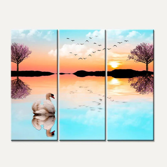 Beautiful Lake Sunrise with Swan 3 Pieces Wall Painting with Wooden Framed