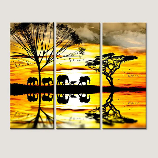 Beautiful Sunset with Elephant Group 3 Pieces Wall Painting with Wooden Framed