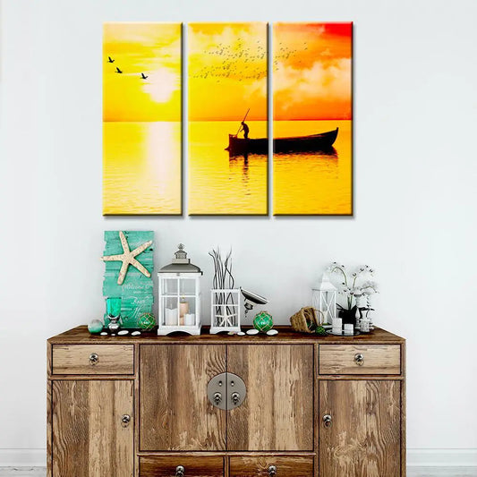 Beautiful Sunset Boat Rowing 3 Pieces Wall Painting with Wooden Framed