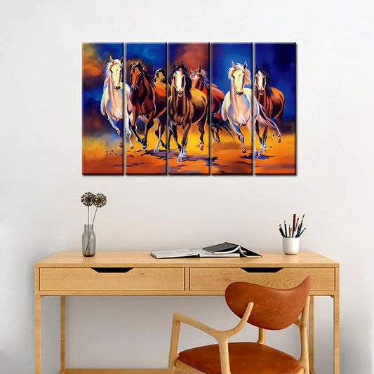 Beautiful Seven Running Horses 5 Pieces Canvas Print Wall Painting
