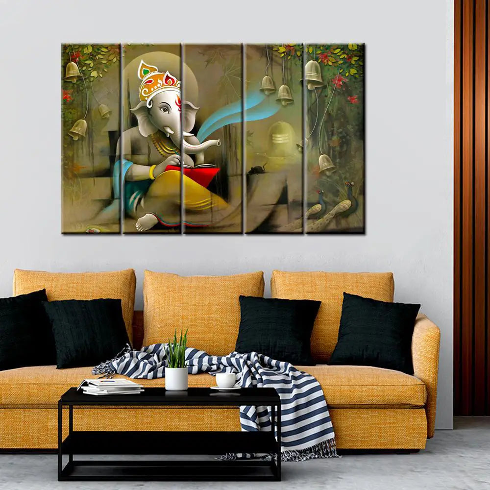 Beautiful Divine Ganesha 5 Pieces Canvas Print Wall Painting