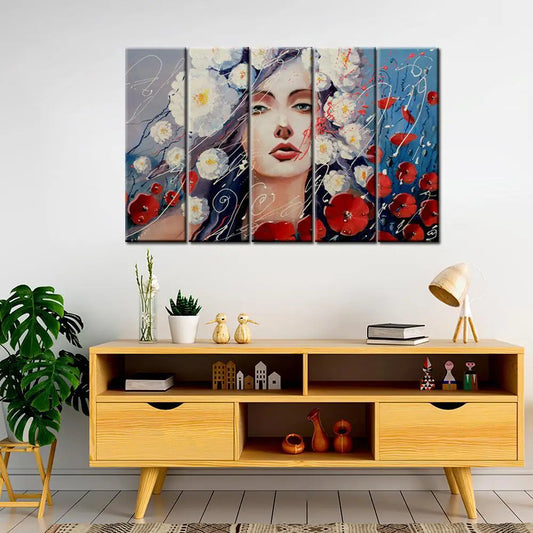 Abstract Girl Face 5 Pieces Canvas Print Wall Painting