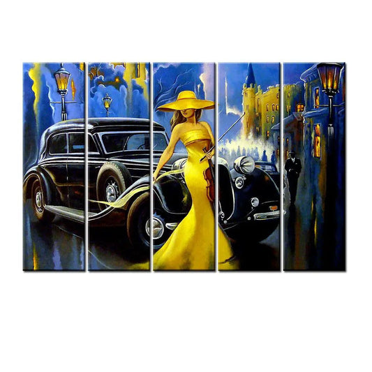 Mad Masters Car and Girl, Old City 5 Pieces Canvas Print Wall Painting