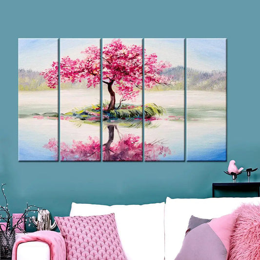 Beautiful Pink Cherry Blossom Tree 5 Pieces Multicolour Wall Painting Framed on Wood