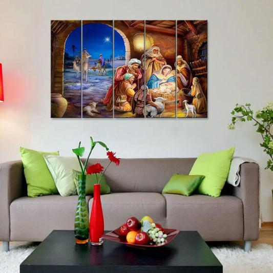 Merry Christmas Jesus Born Wall Painting Wooden Framed 5 Pieces Canvas Painting