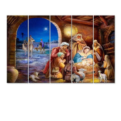 Merry Christmas Jesus Born Wall Painting Wooden Framed 5 Pieces Canvas Painting