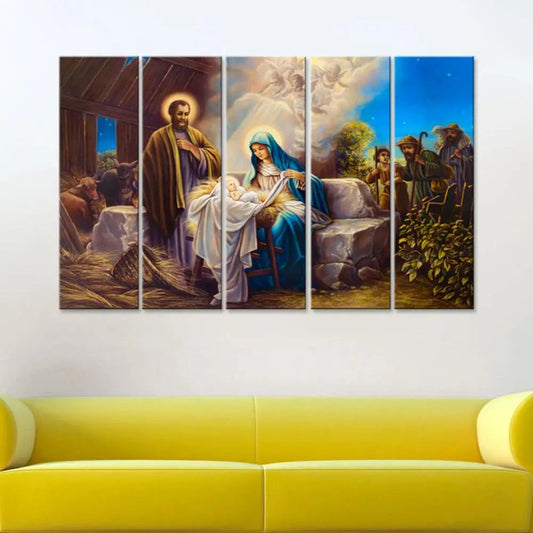 Birth of Jesus in Bethlehem Wall Painting Wooden Framed 5 Pieces Canvas Painting