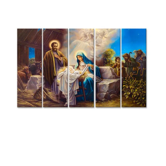 Birth of Jesus in Bethlehem Wall Painting Wooden Framed 5 Pieces Canvas Painting