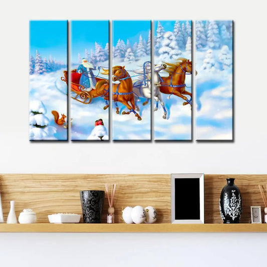 Santa Claus  With Sleigh Wooden Framed 5 Pieces Canvas Painting