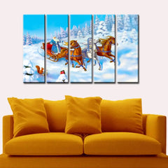 Santa Claus  With Sleigh Wooden Framed 5 Pieces Canvas Painting