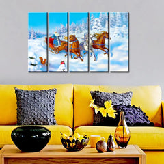 Santa Claus  With Sleigh Wooden Framed 5 Pieces Canvas Painting