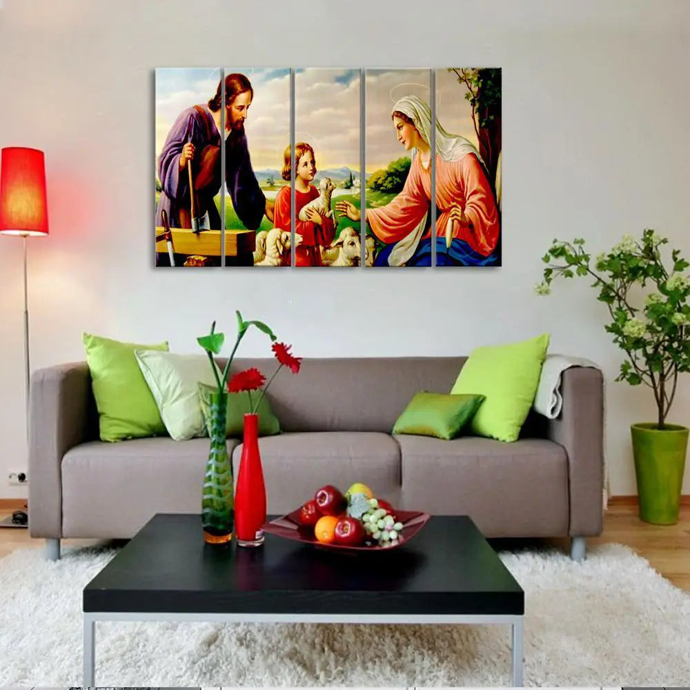 Jesus With Family Spiritual Wall Painting On Canvas In Multiple Frames