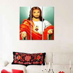 Benevolent Jesus Christ Wall Painting On Canvas Set Of 3 Wooden Frames