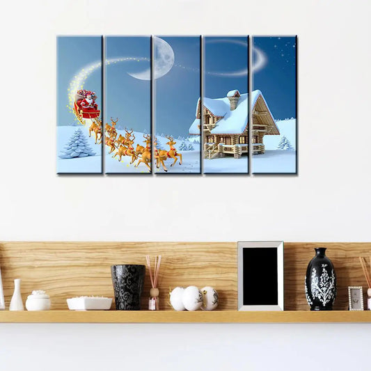 Santa With Sleigh Wooden Framed 5 Pieces Canvas Painting