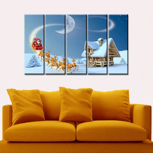 Santa With Sleigh Wooden Framed 5 Pieces Canvas Painting