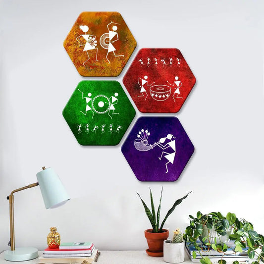 Set of 4 Beautiful Warli Art Hexagon Shape Canvas Wall Painting