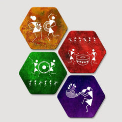 Set of 4 Beautiful Warli Art Hexagon Shape Canvas Wall Painting