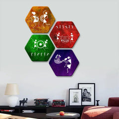 Set of 4 Beautiful Warli Art Hexagon Shape Canvas Wall Painting