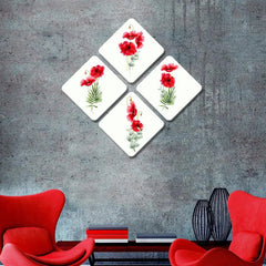 Set of 4 Beautiful Red Color Flowers Squire Shape Canvas Wall Painting