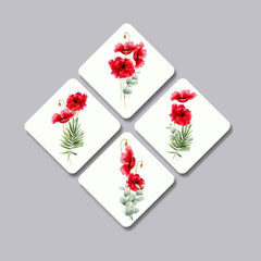 Set of 4 Beautiful Red Color Flowers Squire Shape Canvas Wall Painting