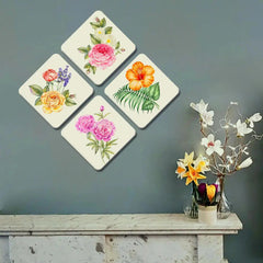 Set of 4 Beautiful Design Multi Color Flowers Squire Shape Canvas Wall Painting