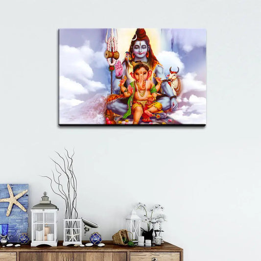 Shiva with Ganesha landscape Painting / Canvas Printed Painting Stretched on Wood Bars 61 x 41cm