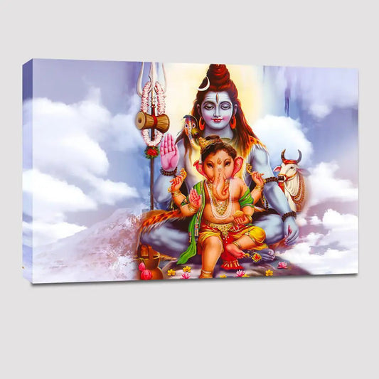 Shiva with Ganesha landscape Painting / Canvas Printed Painting Stretched on Wood Bars 61 x 41cm