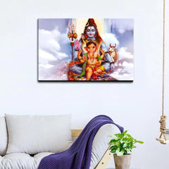 Shiva with Ganesha landscape Painting / Canvas Printed Painting Stretched on Wood Bars 61 x 41cm