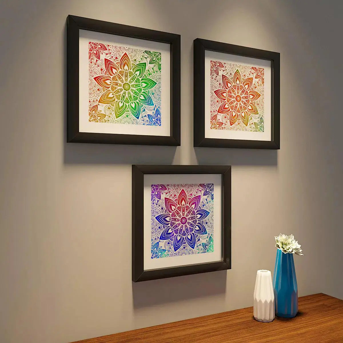 Mandala Painting with Black Color Frame Set of 3 / Break Resistant Clear Acrylic Glass