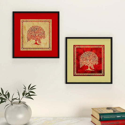 Madhubani  Painting with Frame - Set of 2 - Trees Art / Dark Brown Wood Texture Frame