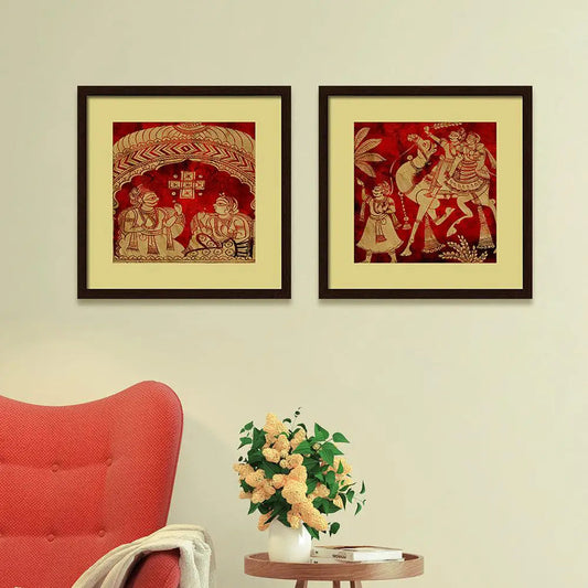 Madhubani Indian folk Art  Collage Picture Wall Frame Set of 2