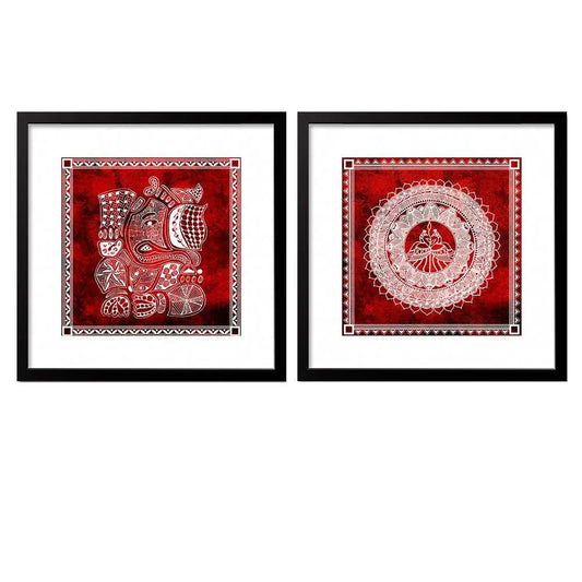 Madhubani Indian Art Collage Picture Wall Frame Set of 2