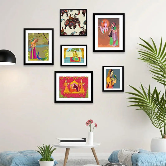 Madhubani Art Collage Picture Wall Frame Set of 6