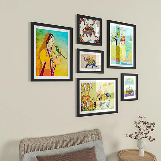 Madhubani Folk Art Collage Picture Wall Frame Set of 6