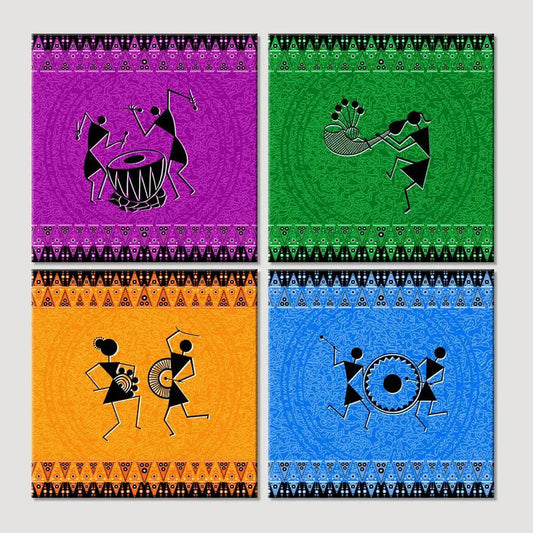Traditional Warli Folk Art Painting Wall Hanging, Set of 4 Pieces